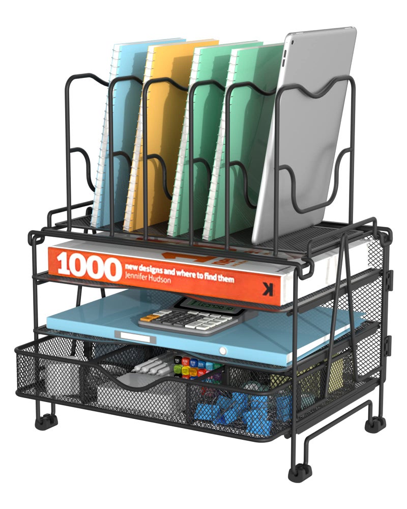 BOHDK Mesh Desk Organizer 3in1 Desktop Organizer with 3 Tier Tray and 5 Upright Sections File Organizer for Desk with Sliding Drawer Black