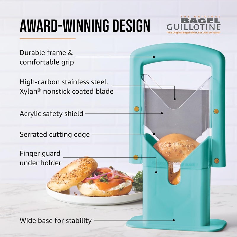 Hoan Bagel Guillotine Universal Slicer with Built In Safety Shield to Protect Fingers. Perfect for Smoothly Slicing Bagels, Buns, Muffins and More, Non Stick. 9.25 inch, Aqua Sky - Image 4