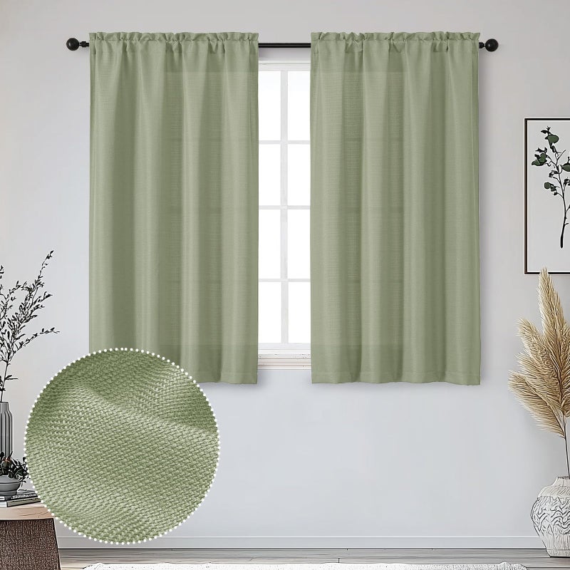OWENIE Bob Sage Green Curtains 45 Inch Length 2 Panels Set, Light Filtering Small Window Curtains for Bedroom Living Room, Faux Linen Textured Modern Solid Airy Rod Pocket Drapes, 30Wx45L Inch, 2 Pcs - Image 1