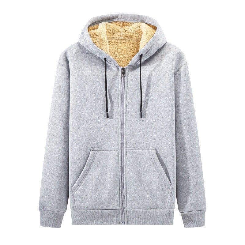Mens Thickened Fleece Hoodie Youth Zip-up Outerwear Thin (gray)  - Image 3