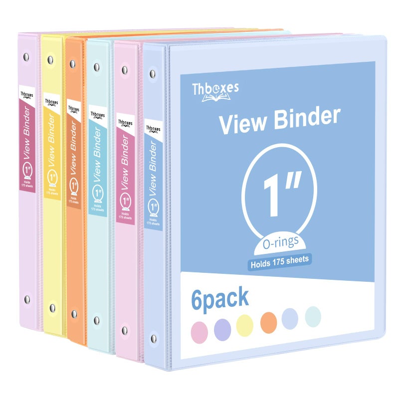 Thboxes 3 Ring Binder, 6 Pack 1 Inch Binder with 2 Interior Pockets Clear View Binder, 175 Sheet Capacity, Round Ring Binders for Office, School, Home Binder Supplies (6 Colors) - Image 1