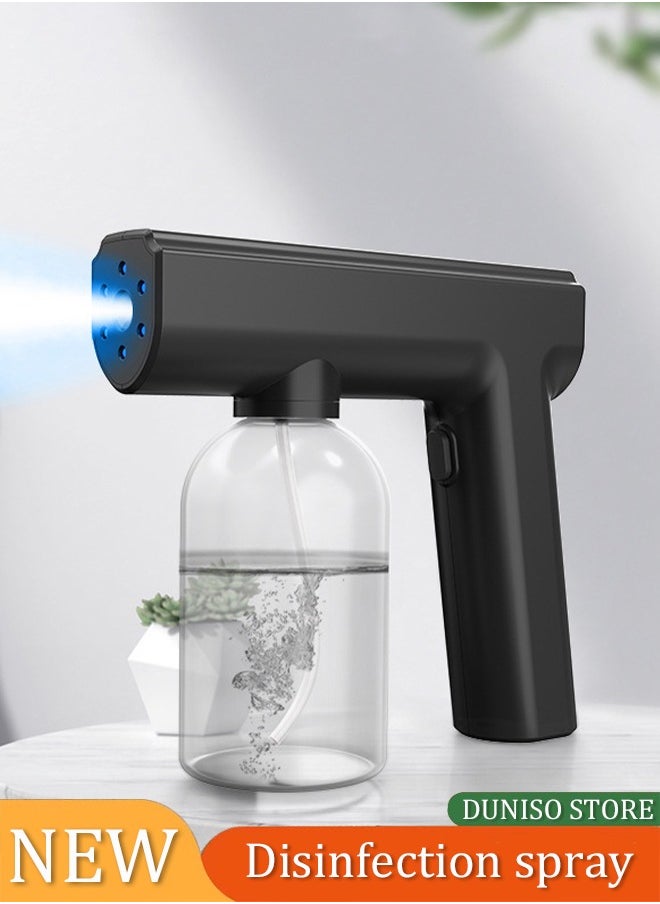 DUNISO Handheld spray disinfection gun, portable rechargeable nano spray atomizer, with blue light, suitable for home office garden, 240ml, black  - Image 1