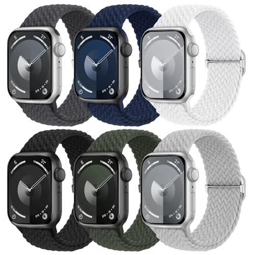 Knossen 6 Pack Braided Stretchy Bands Compatible with Apple Watch Band 38mm 40mm 41mm 42mm 44mm 45mm 46mm 49mm Women Men Adjustable Nylon Solo Loop Elastic Straps for iWatch Series 11 10 9 8 7 6 5 4 SE Ultra - Image 1