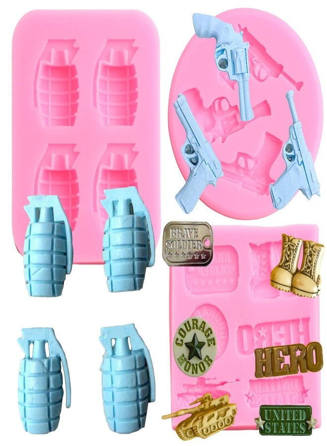 Mujiang Soldier Hero Army Tank Silicone Molds Handgun Pistol Grenade Fondant Mold For Cake Decorating Candy Chocolate DIY Sugar Crafting Gum Paste Set Of 3 - Image 1