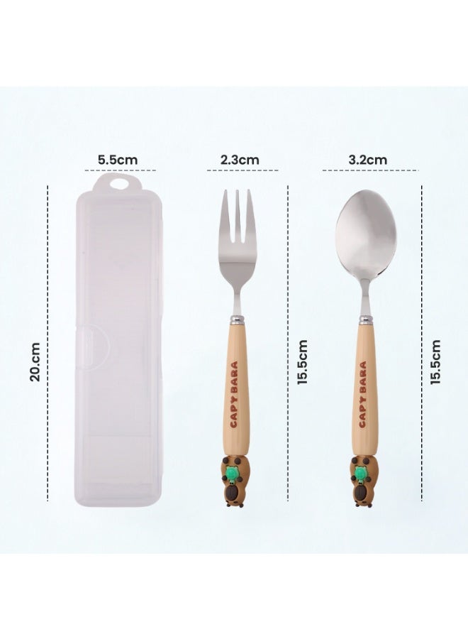 CRAVISTA CapyBara Design Kids Cutlery Set with Case - 2-Piece Stainless Steel BPA Free Cutlery Set Includes Spoon, Fork and Case for Lunch Box, Picnic and Travel (Brown w/Turtle) - Image 4