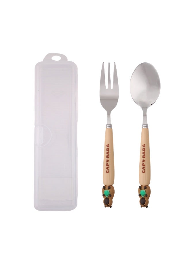 CRAVISTA CapyBara Design Kids Cutlery Set with Case - 2-Piece Stainless Steel BPA Free Cutlery Set Includes Spoon, Fork and Case for Lunch Box, Picnic and Travel (Brown w/Turtle) - Image 1
