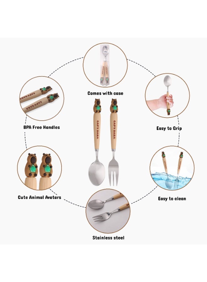 CRAVISTA CapyBara Design Kids Cutlery Set with Case - 2-Piece Stainless Steel BPA Free Cutlery Set Includes Spoon, Fork and Case for Lunch Box, Picnic and Travel (Brown w/Turtle) - Image 3