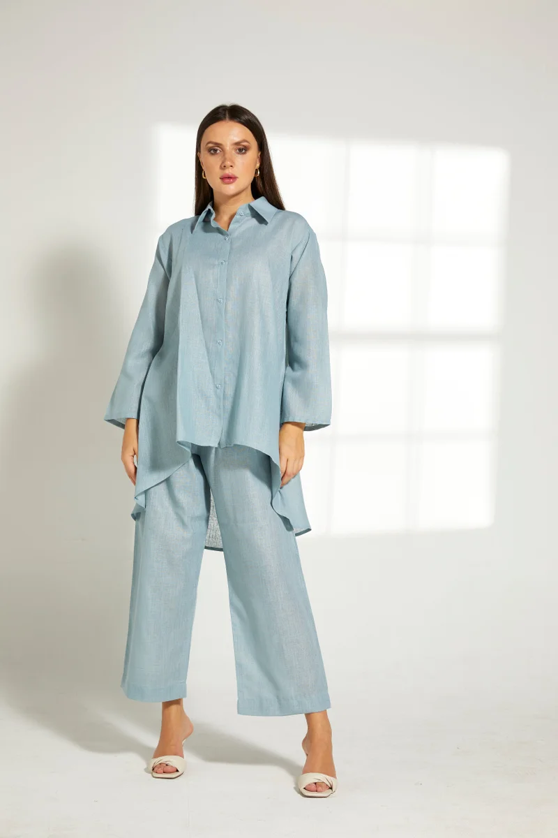 Moistreet Asymmetric Button Down Top & Pants Set