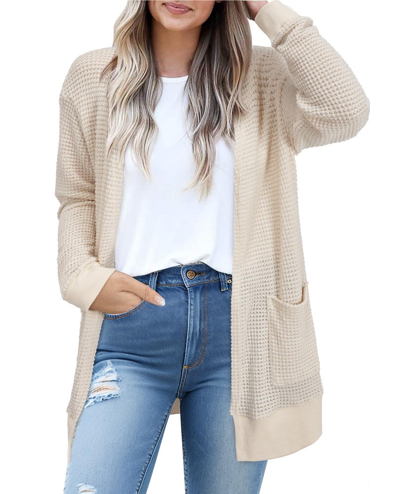STYLEWORD Women's 2025 Fall Fashion Cardigan Sweaters Lightweight Open Front Waffle Knit Casual Long Business Summer Cardigans Outfits Clothes with Pockets(Apricot-S) - Image 1