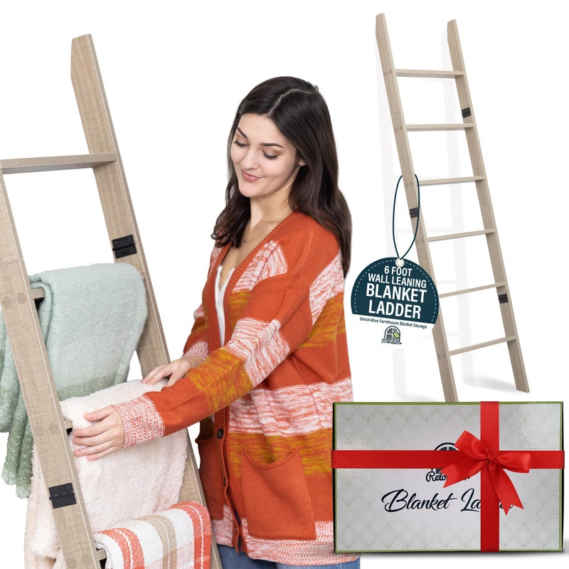 RELODECOR Blanket Ladder for Living Room and Bedroom, 5ft 8 inch, 6-Tier Wall Leaning Laminate No-Snag Construction (Smokey Oak) Rustic Decorative Farmhouse Blanket Storage, Quilt Rack, Ladder Shelf - Image 4