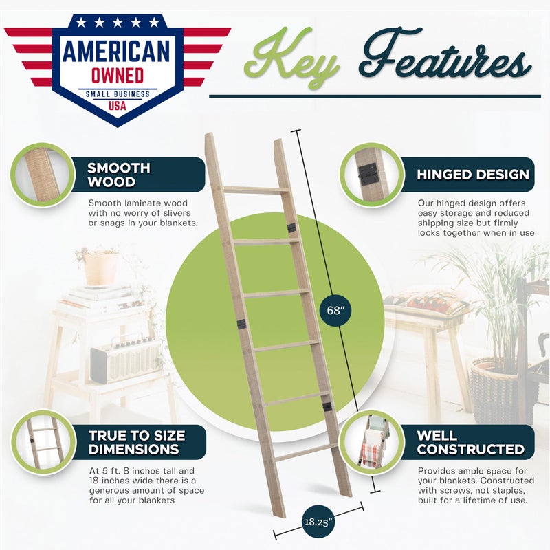 RELODECOR Blanket Ladder for Living Room and Bedroom, 5ft 8 inch, 6-Tier Wall Leaning Laminate No-Snag Construction (Smokey Oak) Rustic Decorative Farmhouse Blanket Storage, Quilt Rack, Ladder Shelf - Image 3