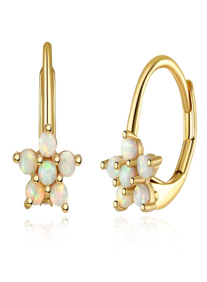 CiNily Womens 14K Yellow Gold Plated Flower Small Hoop Earrings Leverback Opal Dangle Drop Earrings - Image 1