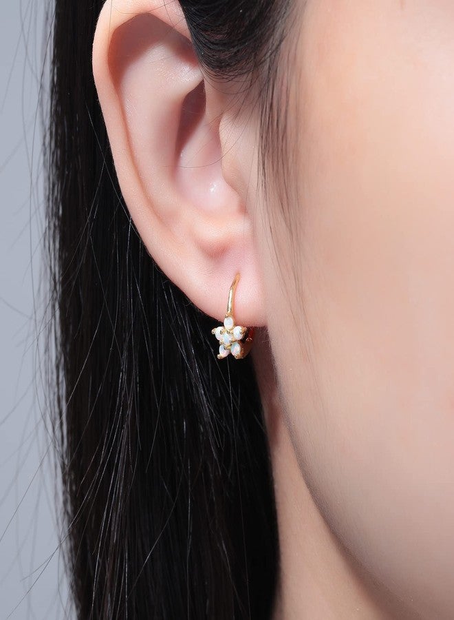 CiNily Womens 14K Yellow Gold Plated Flower Small Hoop Earrings Leverback Opal Dangle Drop Earrings - Image 2