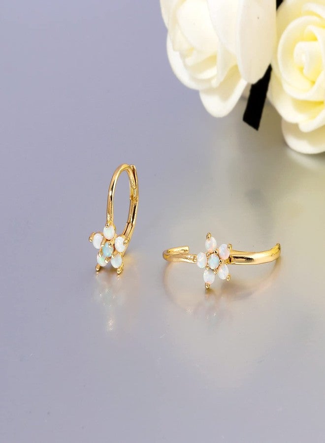 CiNily Womens 14K Yellow Gold Plated Flower Small Hoop Earrings Leverback Opal Dangle Drop Earrings - Image 5