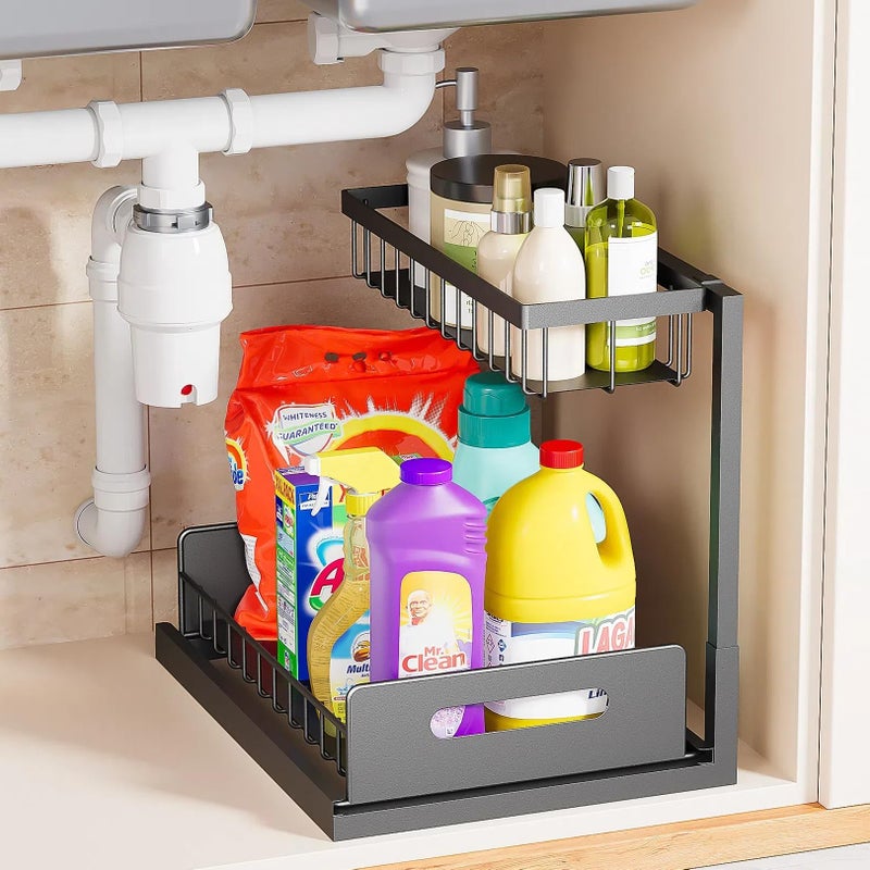 VUSIGN Slide-Out Sink Organizer, Under Sink Cabinet Pull-Out Shelf for Kitchen & Bathroom Cabinetry, White, 1-Pack - Image 1