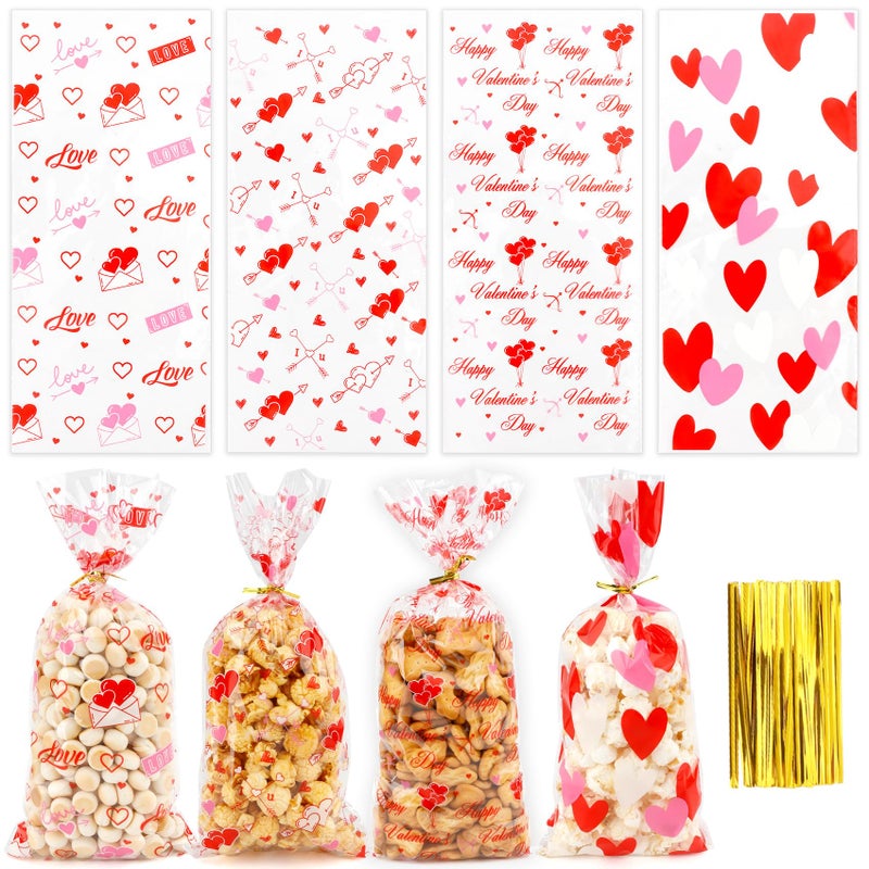 Slergut 100 Pcs Valentine Treat Bags Valentine Cellophane Treat Bags 5 x 10 Inch Plastic Candy Cookie Bag with Gold Twist Ties for Goodies 4 Styles Gift Favor Bag for Valentines Day Wedding Party Supplies - Image 1