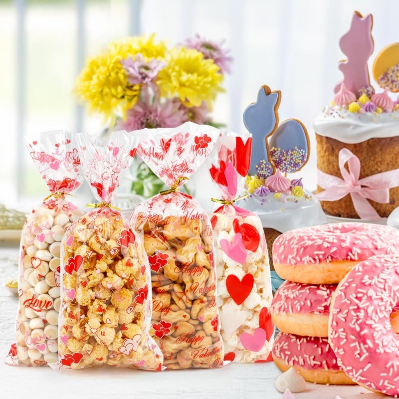 Slergut 100 Pcs Valentine Treat Bags Valentine Cellophane Treat Bags 5 x 10 Inch Plastic Candy Cookie Bag with Gold Twist Ties for Goodies 4 Styles Gift Favor Bag for Valentines Day Wedding Party Supplies - Image 2