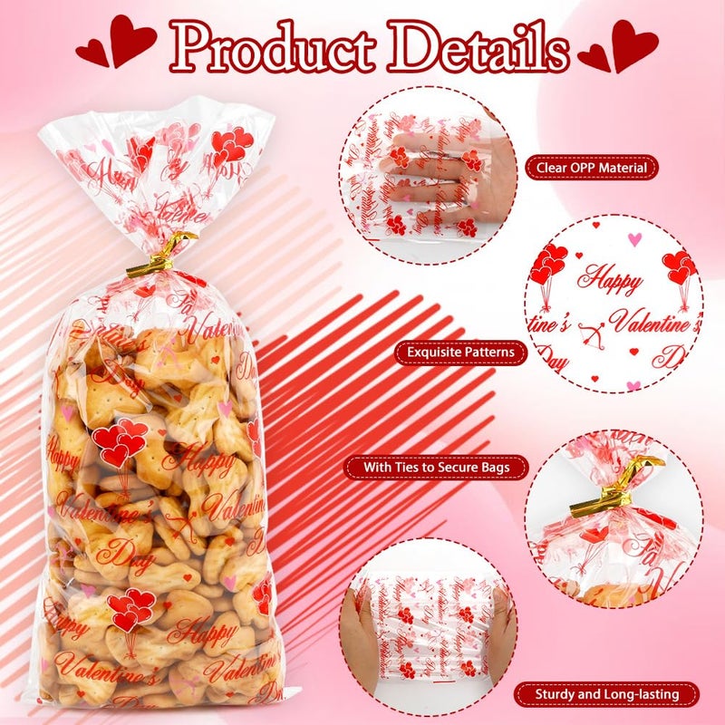 Slergut 100 Pcs Valentine Treat Bags Valentine Cellophane Treat Bags 5 x 10 Inch Plastic Candy Cookie Bag with Gold Twist Ties for Goodies 4 Styles Gift Favor Bag for Valentines Day Wedding Party Supplies - Image 4