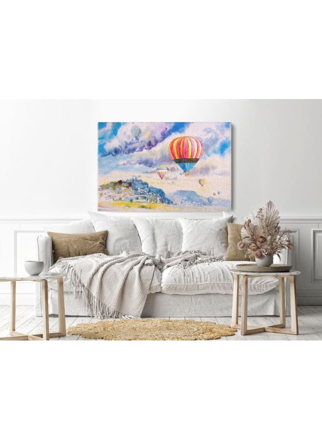 Home Gallery Canvas Wall Art, Abstract Framed Portrait of hot air balloon on mountain village and blue sky cloud 120 W x 80 H x 2 D  - Image 1