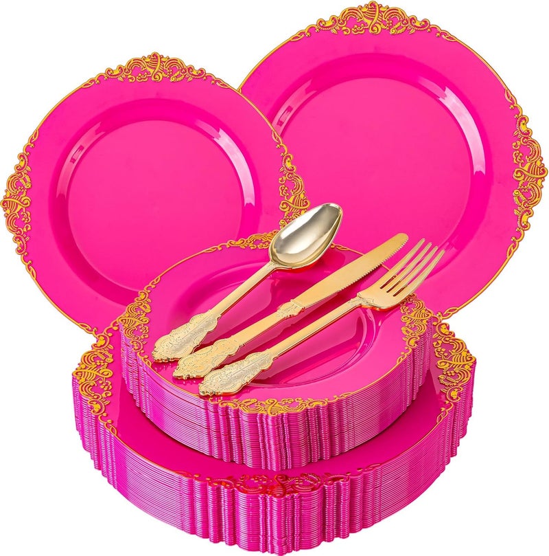 Joyido 125PCS Hot Pink Plastic Plates - Pink Disposable Plate - Elegant Party Plates with Gold Plastic Silverware Sets for 25 Guests for Wedding & Birthday Party & Baby Shower - Image 1