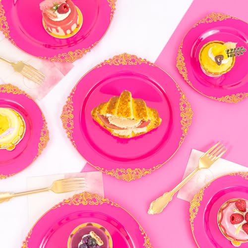 Joyido 125PCS Hot Pink Plastic Plates - Pink Disposable Plate - Elegant Party Plates with Gold Plastic Silverware Sets for 25 Guests for Wedding & Birthday Party & Baby Shower - Image 4