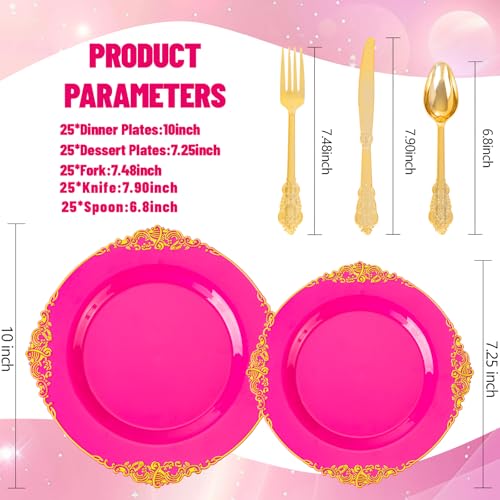 Joyido 125PCS Hot Pink Plastic Plates - Pink Disposable Plate - Elegant Party Plates with Gold Plastic Silverware Sets for 25 Guests for Wedding & Birthday Party & Baby Shower - Image 3