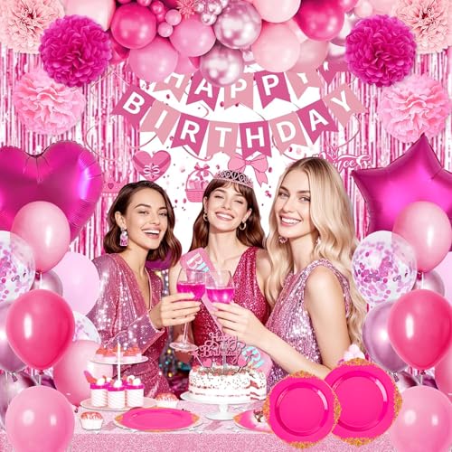 Joyido 125PCS Hot Pink Plastic Plates - Pink Disposable Plate - Elegant Party Plates with Gold Plastic Silverware Sets for 25 Guests for Wedding & Birthday Party & Baby Shower - Image 5