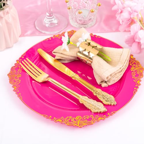 Joyido 125PCS Hot Pink Plastic Plates - Pink Disposable Plate - Elegant Party Plates with Gold Plastic Silverware Sets for 25 Guests for Wedding & Birthday Party & Baby Shower - Image 2