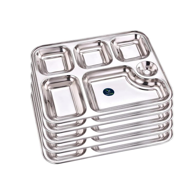 WIAA Stainless Steel 6 Partition Plate for Dinner Lunch Mesh Plate Compartment Plate Thali Set of 5 - Image 1