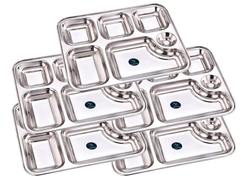 WIAA Stainless Steel 6 Partition Plate for Dinner Lunch Mesh Plate Compartment Plate Thali Set of 5 - Image 3