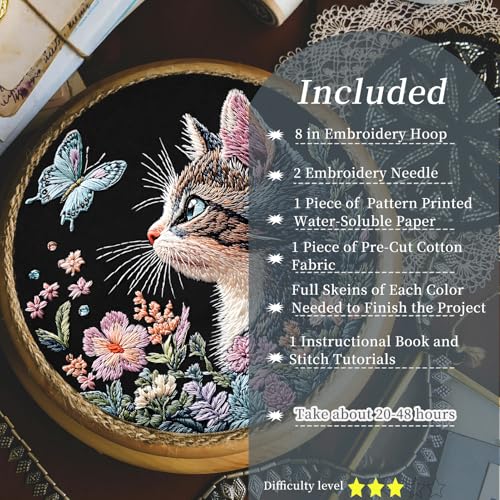 FONNUY Funny Cat Floral Embroidery Kit, Cross Stitch Kits for Beginners, Handmade Crafts with Printed Patterns for Beginner Adults, Easy to Follow Color Thread Needlework, 8'' Hoop (Radiant Cat) - Image 2