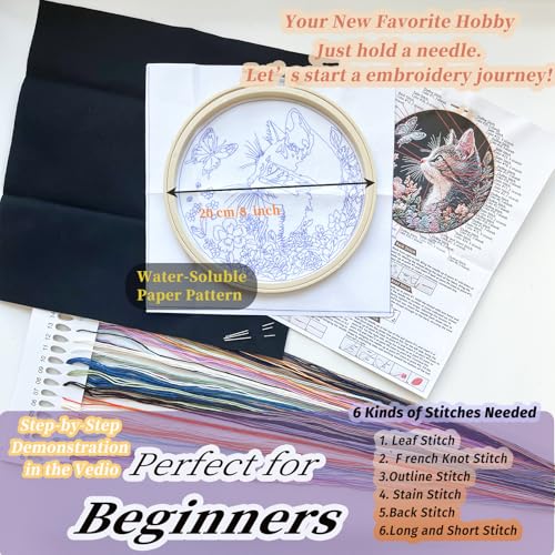 FONNUY Funny Cat Floral Embroidery Kit, Cross Stitch Kits for Beginners, Handmade Crafts with Printed Patterns for Beginner Adults, Easy to Follow Color Thread Needlework, 8'' Hoop (Radiant Cat) - Image 5