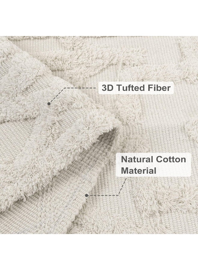 Uphome Boho Bathroom Runner Rug 2' x 4.3', Washable Woven Cotton Bedroom Rug Runners, Beige Aesthetic Tufted Entryway Runner Rugs, Bohemian Tribal Throw Rugs for Bedside Living Room Laundry Kitchen - Image 2