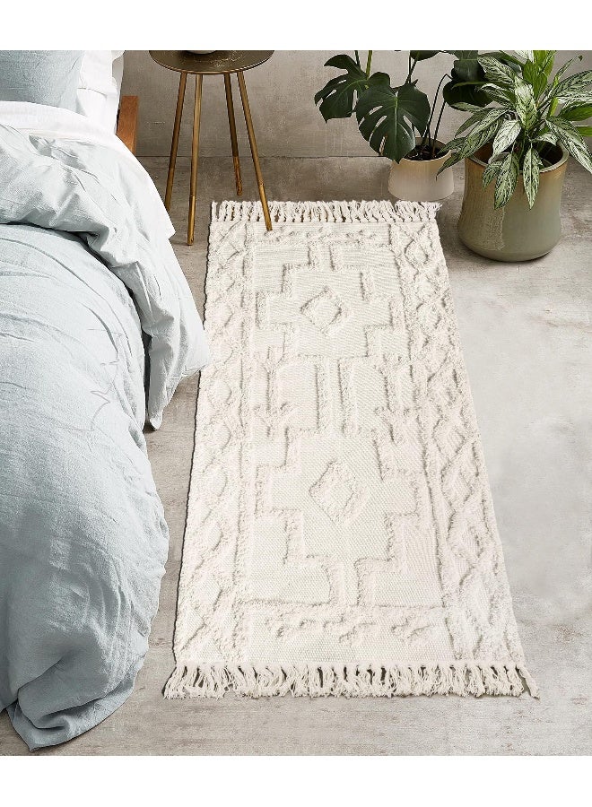 Uphome Boho Bathroom Runner Rug 2' x 4.3', Washable Woven Cotton Bedroom Rug Runners, Beige Aesthetic Tufted Entryway Runner Rugs, Bohemian Tribal Throw Rugs for Bedside Living Room Laundry Kitchen - Image 1