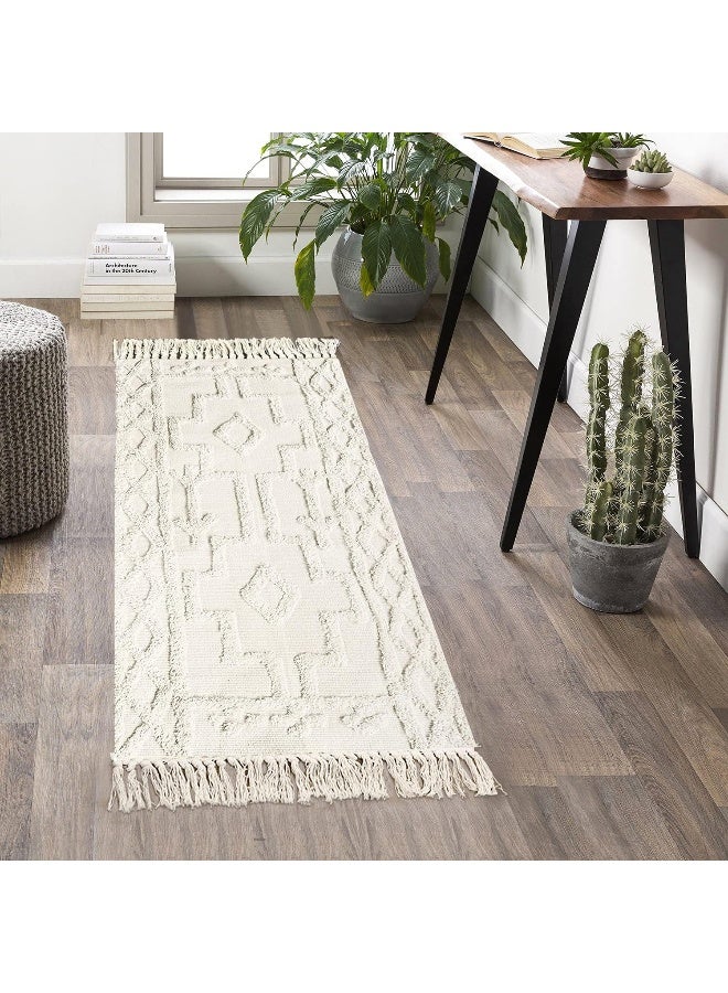 Uphome Boho Bathroom Runner Rug 2' x 4.3', Washable Woven Cotton Bedroom Rug Runners, Beige Aesthetic Tufted Entryway Runner Rugs, Bohemian Tribal Throw Rugs for Bedside Living Room Laundry Kitchen - Image 5