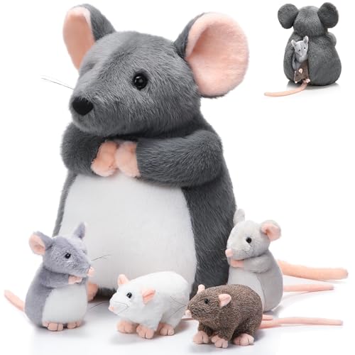 Arrowbash 5 Pcs Mouse Stuffed Animals Set 14 Large Mommy Rat Plush with 4 Small Mouse Babies in Zippered Tummy Stuffed Rat Plush Toys for Kids Girls Boys Valentine Birthday GiftFluffy Style - Image 1