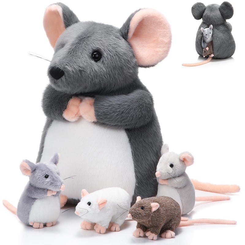 Arrowbash 5 Pcs Mouse Stuffed Animals Set 14 Large Mommy Rat Plush with 4 Small Mouse Babies in Zippered Tummy Stuffed Rat Plush Toys for Kids Girls Boys Valentine Birthday GiftFluffy Style - Image 3