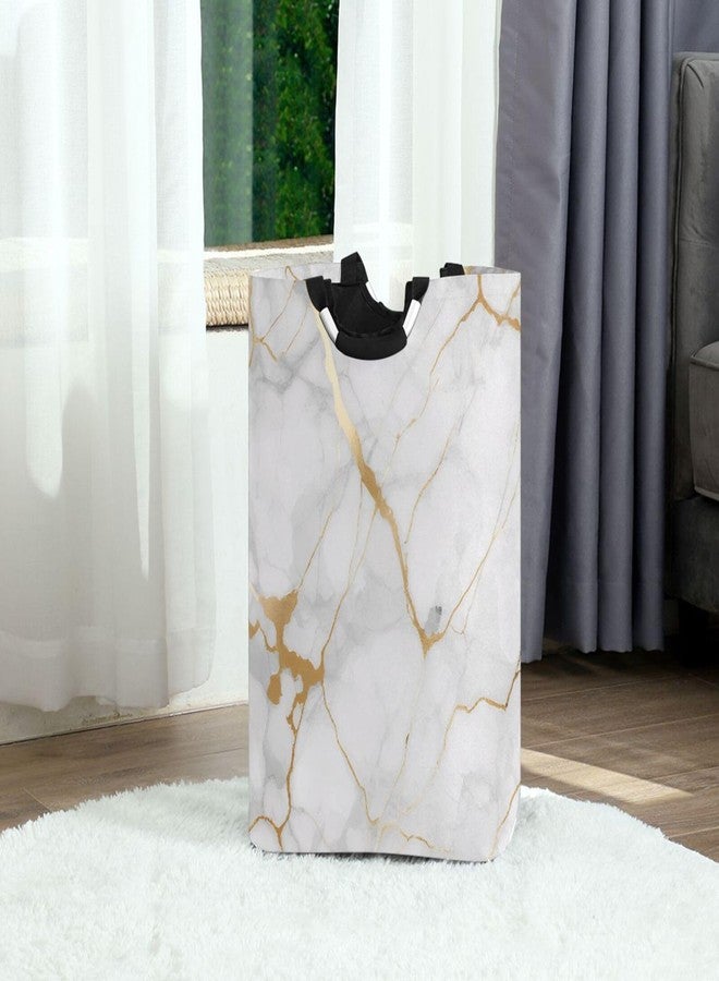 Kigai White Gold Marble Texture Laundry Basket Collapsible Laundry Hamper with Handles Clothes Organizer Foldable Waterproof Washing Bin for College Dorms, Nursery, Bathroom - Image 2