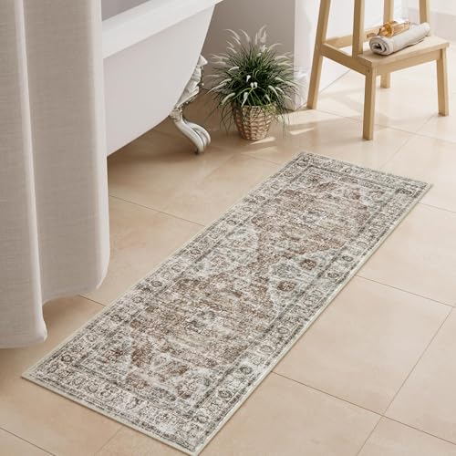 Uphome Bathroom Runner Rug, Distressed Farmhouse Boho Khaki Bath Mat, Non Slip Washable Long Bath Rugs, Vintage Traditonal Soft Velvet Bathroom Runner for Bathtub Sink Shower, 18x47 inch - Image 1