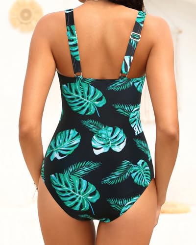 Tempt Me Women Green Leaves Ruched Slimming One Piece Swimsuits Tummy Control Vintage Bathing Suits L - Image 2