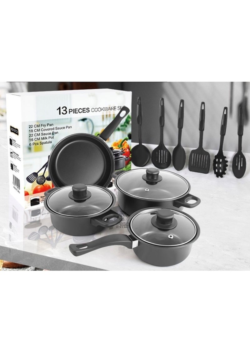 13 pcs nonstick kitchen cookware set soup pan stew pan frying pan Korean style metal pots minimalist design sustainable metal glass lid olive cookware set  - Image 2