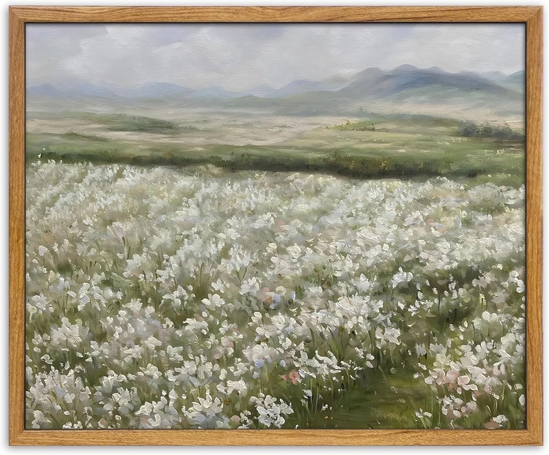 UPWOIGH Framed Wall Art,Sage Green French Country Field Oil Painting,Spring Meadow Wall Art,Mailed Fine Art,Vintage Landscape, Rustic Antique Wall Decor 8x10in - Image 1