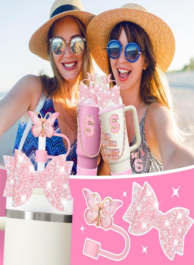 Mity rain 9PCS Pink Cup Accessories Set for Stanley Cup 30oz 40oz tumbler with handle - Includes Strap,Straw Bow Decorate,Straw Topper,Boot,Spill Proof Stoppers,Handle Charms,Sticker (Initials S) - Image 3