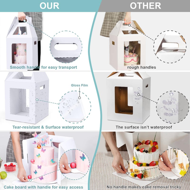 Naleyber Tall Cake Boxes for Tier Cakes with Cake Boards 4 Pack 12x12x14 Inch Large Tiered Cake Carrier Containers with Window for Wedding Birthday Bakery - Image 5