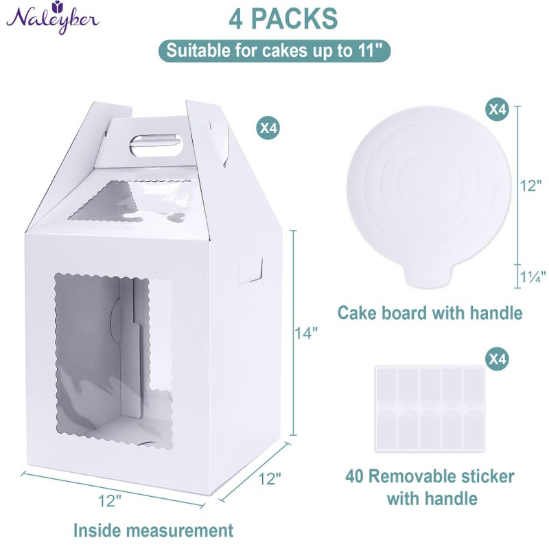 Naleyber Tall Cake Boxes for Tier Cakes with Cake Boards 4 Pack 12x12x14 Inch Large Tiered Cake Carrier Containers with Window for Wedding Birthday Bakery - Image 2