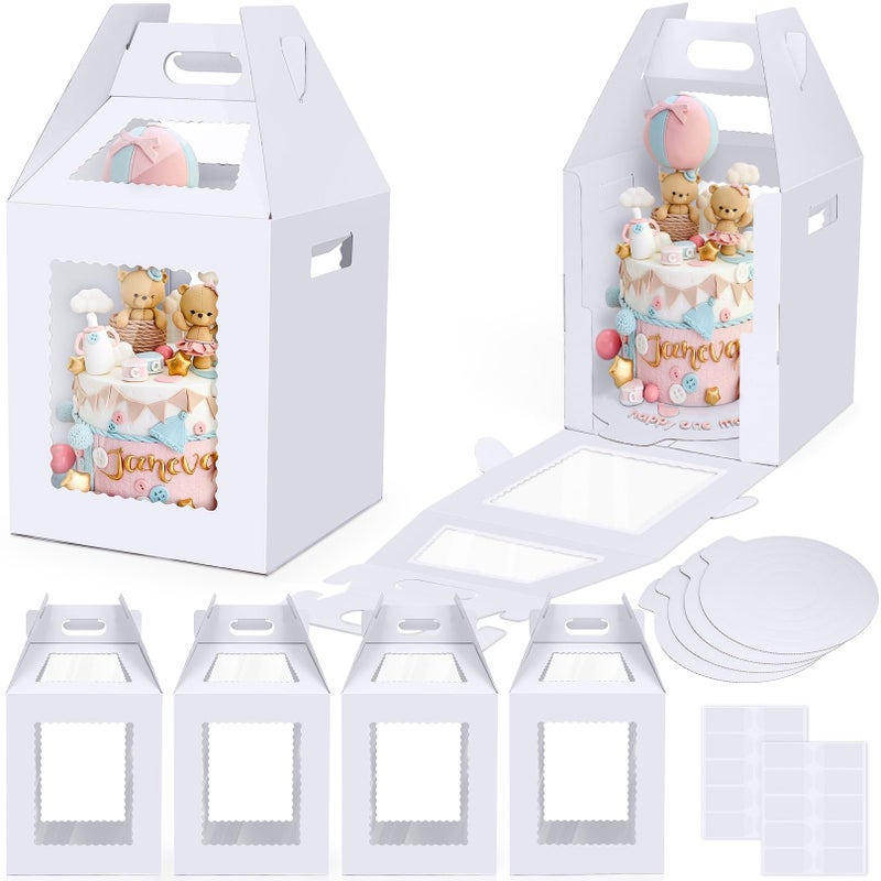 Naleyber Tall Cake Boxes for Tier Cakes with Cake Boards 4 Pack 12x12x14 Inch Large Tiered Cake Carrier Containers with Window for Wedding Birthday Bakery - Image 1