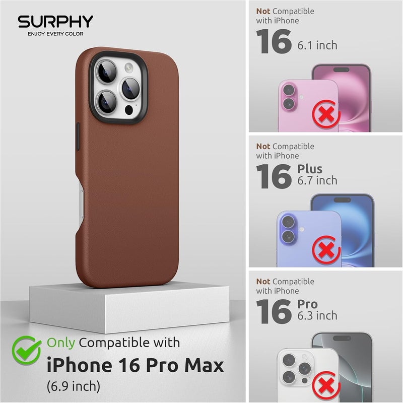 SURPHY Designed for iPhone 16 Pro Max Leather Case, Compatible with MagSafe Wireless Charging Faux Leather Case with Metallic Buttons and Microfiber Lining for 16 Pro Max 6.9 inch 2024, Brown - Image 2