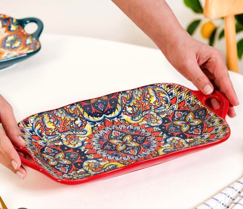 Generic Porcelain Serving Platter with Handles, Decorative Mandala Pattern, Heat-Resistant Deep Dish, Red Trim .A2