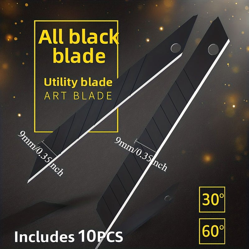 10Pcs Small Utility Blades 0.35 Wide Black 60 Degree Angle Square Blades For Car Wrapping Crafting Office Art Durable Metal Sharp Cutting Tools With Protective Storage Case Precision Cutting Compact Design - Image 1