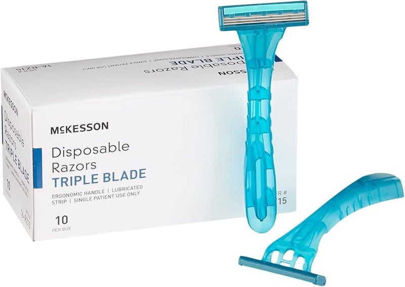 McKesson Disposable Razors, Stainless Steel Triple Blade, Lubricated Strip, Ergonomic Handle, Turquoise, 10 Count, 1 Pack - Image 1